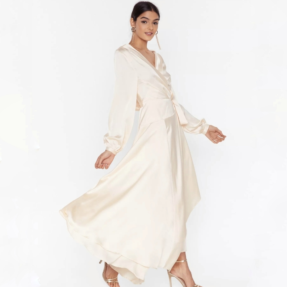 Nasty Gal Cowl 'Em Back Satin Maxi Wrap Dress